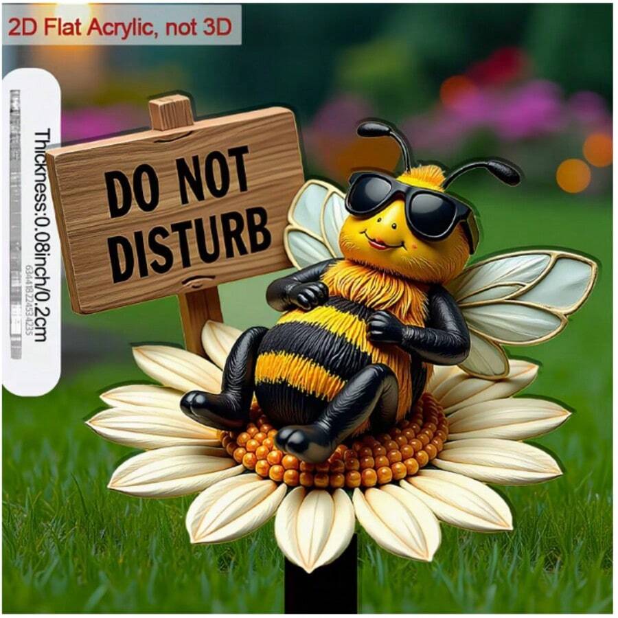 2D Flat - [2D Flat] 1pc 2D Flat Acrylic 9.06 Inch Garden Stake, With Sharp End, Suitable For Yard Bee Sitting On Flower, With Sign, Enhances Garden, As Garden Decoration, Suitable For Outdoor Yard Decor - A - View 1