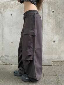 Loose Casual Solid Color Wide Leg Cargo Pants - Grey - View 6