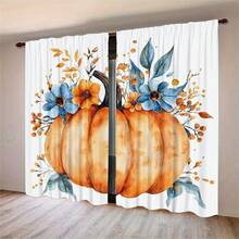 2PCS Artistic Pumpkins And Flowers Print Light Sheer Curtains,Semi-Sheer For Privacy Protection. Easy Rod Pocket Installation, Quick-Dry,Fade-Resistant After Washing, Lightweight And Washable. Ideal For Home, Room And Kitchen Decor & Space Dividers. - Multicolor - View 14