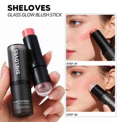 SHELOVES Dual-Ended Rotating Glass Glowing Blush Stick With Built-In Silicone Blending Tip, Moisturizing Long-Lasting Cream Blush For Natural Rosy Cheek Color, Portable Daily Face Makeup Cosmetic