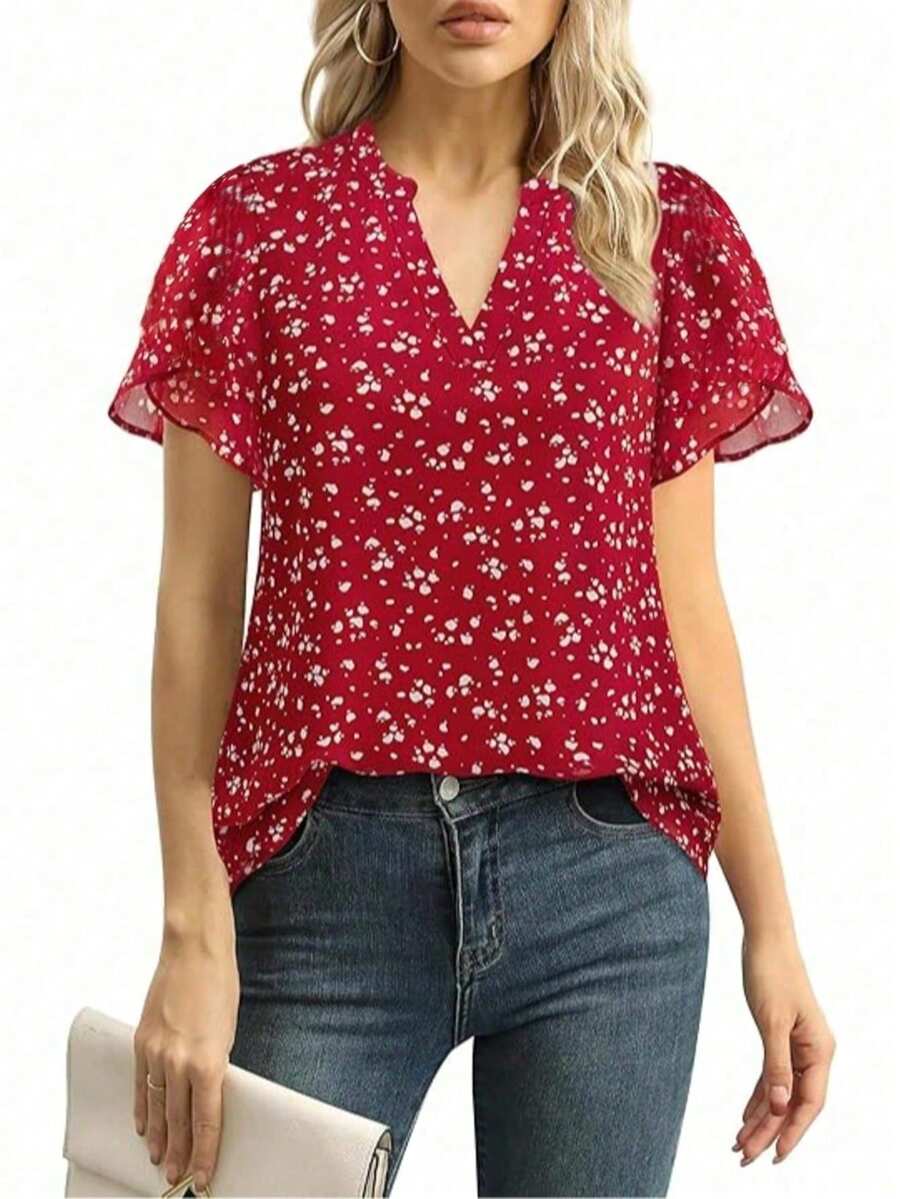 Women's Floral Chiffon Blouse, Ruffle Trim, Short Sleeve, Soft V-Neck - Elegant Office/Casual Top For Spring, Summer, Autumn Red Vacation - Red - View 1