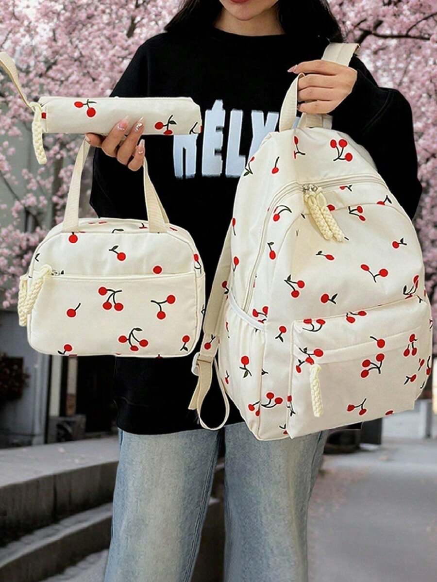 3-Piece Ins Style Backpack Set For College Students, Including Shoulder Bag, Pencil Case, Large Capacity Backpack, Versatile Casual Fashion Backpack With Decoration - Rose Gold - View 1