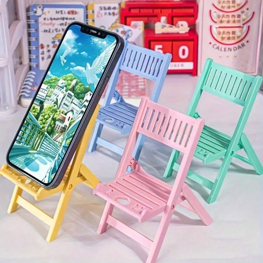 1pc Cute Macaron Phone Stand, Desktop Decoration, Fun INS Chair Style, Foldable Portable Phone Holder Gift - A - View 1