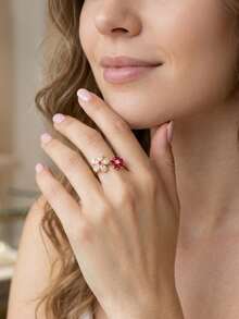 1pc Sweet Luxury Sparkling Cubic Zirconia Red & White Dual Flower Open Ring, Adjustable Finger Ring For Women, Suitable For Daily Wear, Commute, Party, Date, Vacation, Holiday Gift Jewelry - Gold - View 8