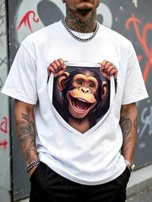 Men's Loose Fit T-Shirt, 3D Optical Illusion Illustration Of A Happy Smiling Chimpanzee Holding The Edges, Short Sleeve T-Shirt, Casual Youth Streetwear Style. - 白色 - 查看 6
