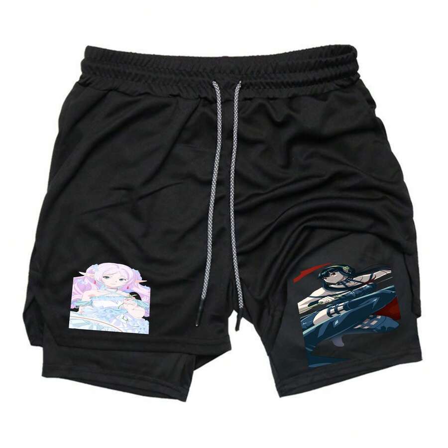 2 In 1 Sports Shorts, Pink Hair Elf Frieren & Assassin Yor Anime Print Quick Dry Workout Shorts - 紅色 - 查看 1
