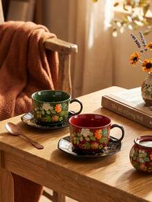 DearDali 2 Stücke (1 Tasse + 1 Untertasse) Hochtemperatur-Keramik Retro Glanz Bunte Glasur Kaffee Tasse und Untertasse Set, breiter Griff Tasse mit Untertasse, Vintage Blumen handgemalt botanischer Muster, Tischgeschirr Frühstückstasse, Schreibtisch Dekoration, künstlerische Atmosphäre Geschenk, geeignet für Einweihungsparty, Geburtstagsgeschenk, Kaffee- und Teeliebhaber, Nachmittagstee-Treffen zu Hause - Verschiedenfarbig - Übersicht 7