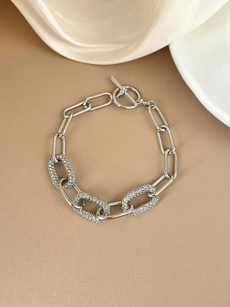 1 Pieza Pulsera De Cadena Incrustada De Diamantes De Imitación Con Forma Geométrica Simple Pero Elegante, Diseño Único Y A La Moda - Plateado 2 - Ver 1
