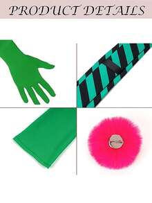 3 Stücke Halloween Froschkönig Kostümzubehör - gestreifte Krawatte, grüne lange Handschuhe, rosa Bommel. Cosplay Party Set. - Verschiedenfarbig - Übersicht 8