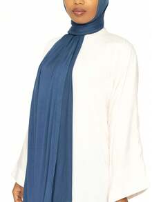 1 buah Hijab Jersey Panjang Warna Polos Lembut, Jilbab Rajut Katun Mercerized untuk Wanita Muslim - Dusty Blue - View 3