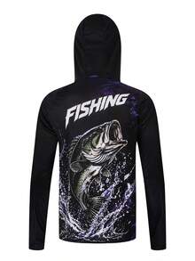 Kaos Memancing Pria Berkerudung Motif Ikan Bass, Lengan Panjang Cepat Kering, Bernapas, Perlindungan UV, Perlindungan Matahari, Kaos Olahraga Luar Ruangan Performa Tinggi - Hitam - View 4