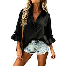 Camisa de trabajo versátil de manga acampanada con volantes, estilo holgado para mujer. - Negro - Ver 5