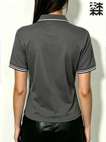 mulinsen 女款 Polo 衫，冰絲薄款運動領短袖 T 恤，透氣輕量跑步訓練上衣 - 深灰色 - 查看 10