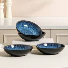Set Of 4 Wide And Deep Stoneware Pasta Bowls With Reactive Glaze In Blue - 4 Piece Blue - View 9