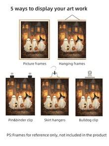 1pc Unframed Halloween Ghost Art Printable Vintage Wall Decor, 3 Ghosts, Lantern, Witch Hat, Pumpkin Print, Aesthetic Poster For Apartment, Living Room, Bedroom, Back To School Season, Dorm Essentials - Frameless - View 7