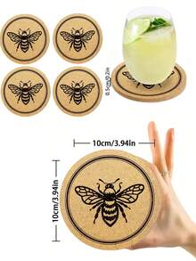 6/3/1pc Round Bee Print Cork Coasters, Heat-Resistant Wooden Beverage Cup Mats, Absorbent Non-Slip Coffee Tea Cup Insulation Pads, Vintage Farmhouse Style Home Kitchen Bar Decor, Housewarming Gift Home Supplies - Multicolor - View 2