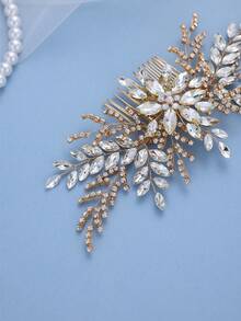 1pc Handmade Gold Rhinestone Leaf Hair Comb, Elegant Bridal Headpiece For Wedding, Prom, Party - Gold - View 5