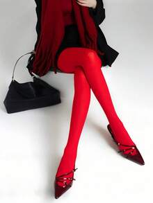 1 par de leggings rojos opacos y ajustados para mujer, medias largas de cintura alta elásticas y semitransparentes, suaves, transpirables y duraderas, unicolor clásico para uso diario, fiestas, cosplay, vestidos de novia y ocasiones formales, calcetines elásticos ajustados al tobillo - Rojo - Ver 2