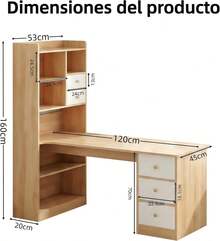 Escritorio con 5 Cajones y 7 Niveles de Repisas, Escritorio Esquinero Robusto y Duradero, Escritorio para Computadora Minimalista, Apto para Oficinas y Dormitorios (Blanco Nórdico) - Color Madera - Ver 3