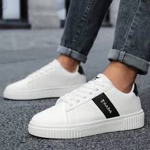Men's Casual Sports Flat Shoes, Colorblock Design, Microfiber Leather Lace-Up, Outdoor Commute, College Style, All Season - Black and White - View 15