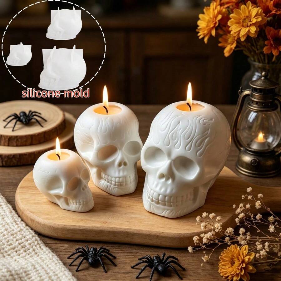 3pcs Skull Silicone Mold, Halloween Skull Shaped Aromatherapy Candle Mold, Perfect For Holiday Atmosphere Decoration Making, Suitable For Handmade Crafts - Skull Mold - View 1