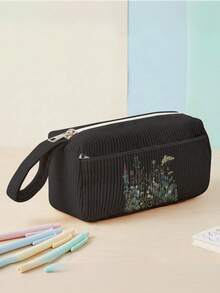 1pc Dark Floral Print Corduroy Foldable Pencil Case With Side Pocket And Handle, Multi-Purpose School And Travel Essential Storage Bag - Multicolor - View 11