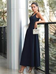 Vestidos elegantes para fiesta casuales para mujer tirantes espalda descubierta color sólido cintura ajustada elegante nuevo moda - Azul - Ver 2