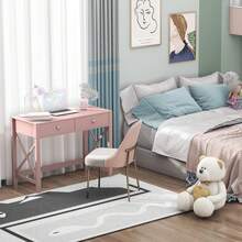 WiberWi - Escritorio, mesa de estudio para oficina en casa con cajones, mesa para escribir en computadora, pequeña para usar como tocador, maquillarse para recámara, niñas, color rosa - Rosado - Ver 7