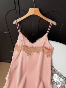 Vestido de tirantes finos con ribete de encaje rosa casual y elegante para mujer GMFP, verano/otoño, uso diario, vacaciones, Halloween, Navidad - Carne - Ver 11