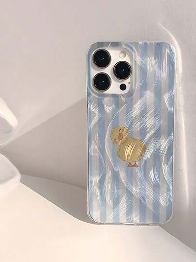 1pc Fashion Blue Striped Yellow Duck Pattern Waterproof Anti-Fingerprint Anti-Scratch Transparent IMD Soft Glossy Smooth Phone Case, Suitable For Confession, Gift For Friends, Family, Couples, Birthday, Holiday, Compatible With Apple 17/17 PLUS/17 PRO/17 PRO MAX