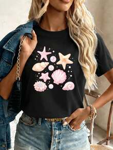 T-Shirt With Starfish And Seashell Print, Urban Hip-Hop Style, Breathable, With Artistic Design. - Black - View 1