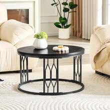 Round Coffee Table With Wood-Effect Top And Metal Frame, Modern Living Room Table With Geometric Iron Structure, Stable Round Side Table, Approx. 70 X 40.5 Cm - 黑色 - 查看 3