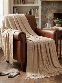 1pc Solid Color Textured Knit Blanket, Nordic Style Acrylic Rectangular Dotted Nap Blanket, Sofa Throw, Small Blanket For Daily Use - Vertical Diamond Pattern Khaki - View 2