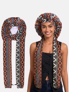 1pc Women's Long Elastic Printed Sleep Cap, Dreadlock Sleeve Hair Protection Cap, Beauty Care Makeup Cap, Suitable For Daily Use - Orange Geometry - View 12