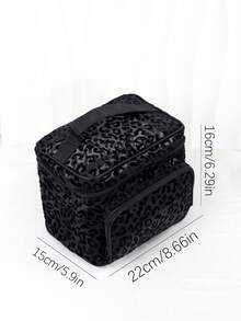 Black Minimalist Fashion Mesh Leopard Print Large Capacity Multi-Function Single Layer Square Cosmetic Bag, Single Handle Multi-Pocket Convenient Design, Foldable Storage Bag, Partitioned Storage - Black - View 3
