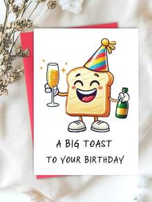 1張趣味生日卡，可愛卡通吐司雙關生日卡，雙關「Toast」葡萄酒慶祝設計，戴派對帽的可愛麵包角色，適合送給朋友、家人與美食愛好者的生日禮物，加厚加大信封與卡片 - 多色 - 查看 5