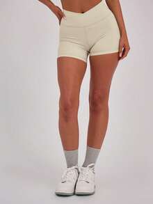Seamless Crossover Waist Slim Fit Shorts, Soft Fabric Fitness Shorts For Women, Suitable For Sports And Everyday Wear - 酒紅色 - 查看 1