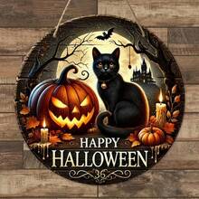 2D Flat Vintage Black Cat Round Wooden Hanging Sign, Waterproof & Durable, Happy Halloween Text With Pumpkin & Bat, Halloween Party Scene Decor For Door, Window, Porch & Home - Black - View 5