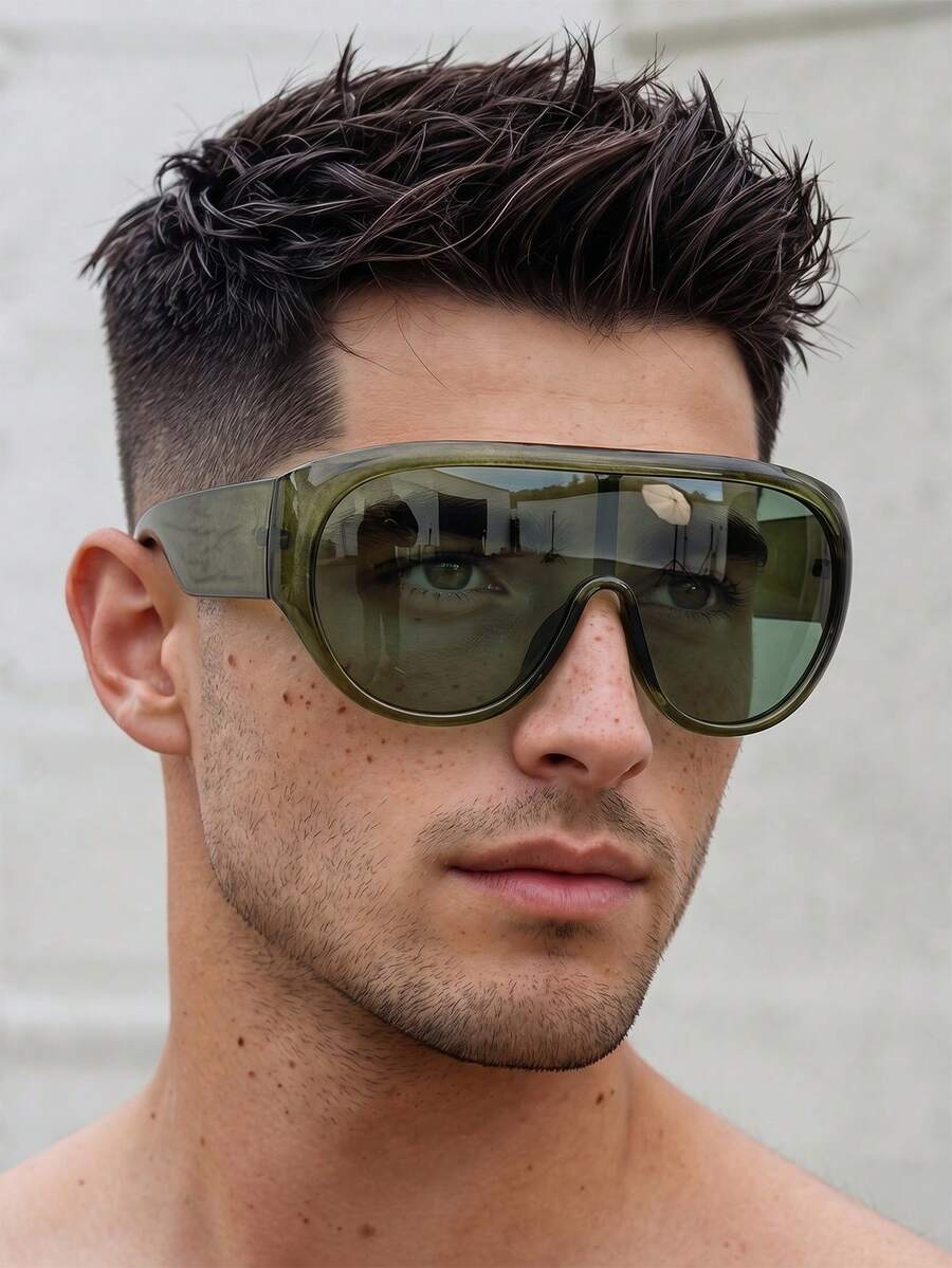 1 Pair Men's Transparent Green Large Frame One-Piece Lens Personalized Outdoor Street Style Travel Vacation Fashion Glasses - Green - View 1
