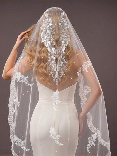 3m Long Lace Applique Bridal Veil, Wedding Dress Accessory, Suitable For Cathedral Wedding