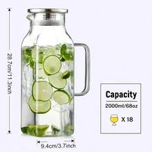 1件 2L/68oz 方形玻璃水壺，附蓋與手柄，適用於冰箱，冰茶與咖啡壺飲料容器，耐熱硼矽玻璃冷熱飲與牛奶水壺 - 彩色 - 查看 1