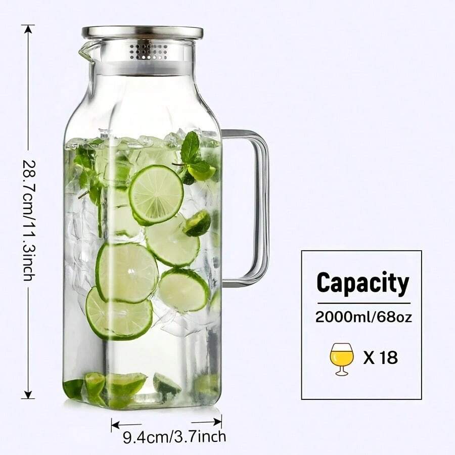 1件 2L/68oz 方形玻璃水壺,附蓋與手柄,適用於冰箱,冰茶與咖啡壺飲料容器,耐熱硼矽玻璃冷熱飲與牛奶水壺 - 彩色 - 查看 1