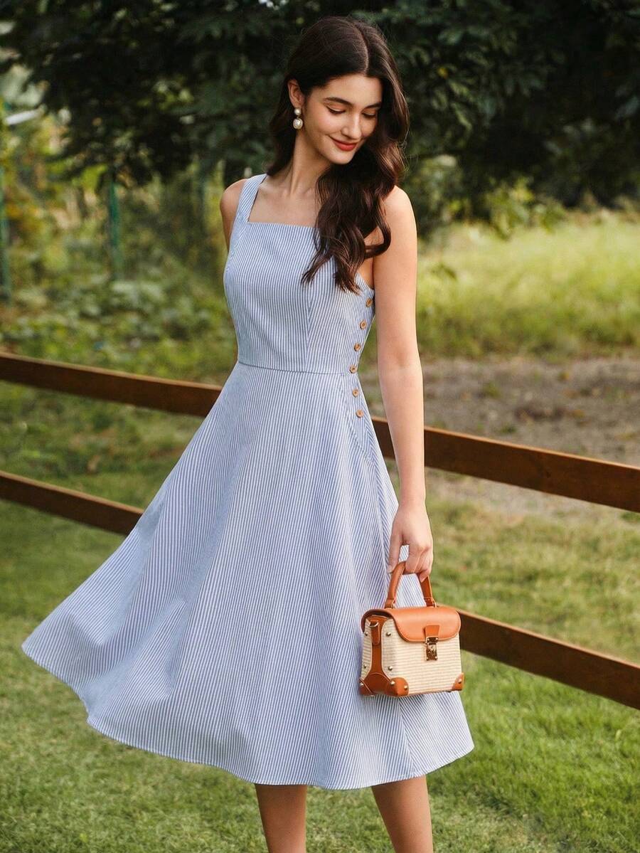Vestido amarillo elegante vintage retro para mujer con bolsillos y botones,estilo casual de los 90 para primavera,verano,picnic,playa y vacaciones - Azul y blanco - Ver 1