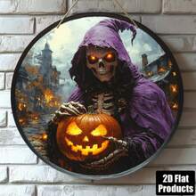 Hiasan Kayu Bulat Cetak Tengkorak Datar 2D, Tahan Air dan Tahan Lama, Dekorasi Pesta Halloween, Bar, Dapur, Ruang Tamu, Kantor, Ornamen Gantung Rumah untuk Berbagai Liburan - Lilac Purple - View 4