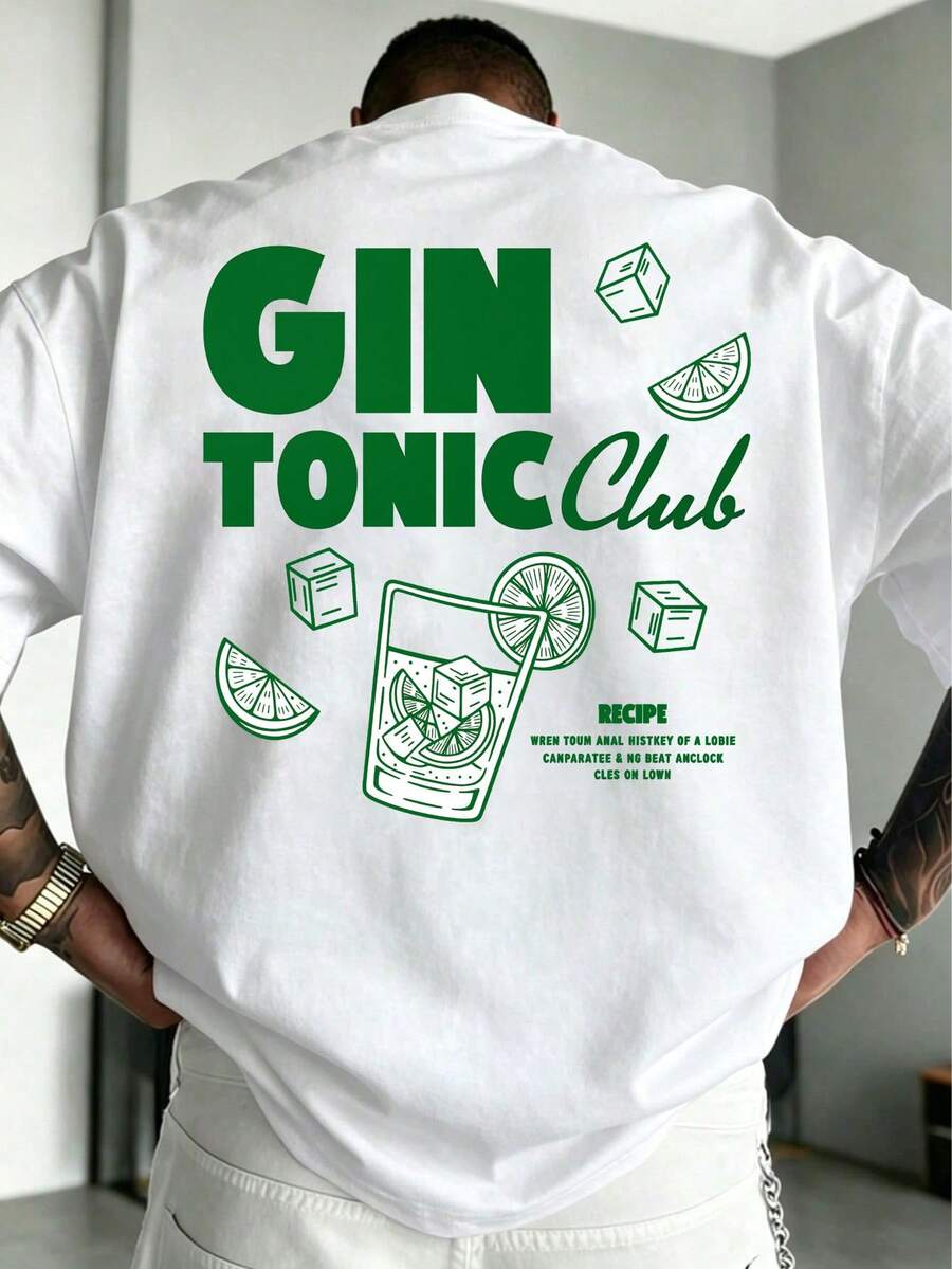 Kaos Pria Ukuran Besar Longgar Oversize "GIN TONIC Club" Motif Koktail Kasual Lengan Pendek | Pengerjaan yang Istimewa | Pakaian Musim Panas yang Wajib Dimiliki | Serbaguna & Mudah Dipadukan, Menampilkan Gaya Anda - Putih - View 1