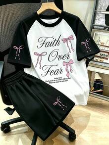Bowknot Letter Print Pattern Colorblock T-Shirt And Shorts Set, Plus Size Women's Summer Casual Two Pieces Outfit Elegant - Multicolor - View 2