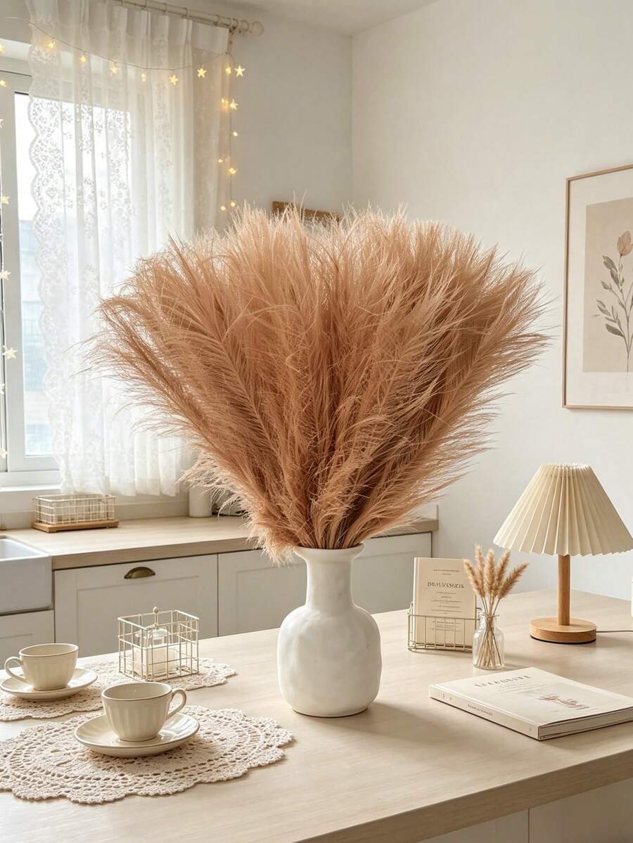 10pcs Elegant Artificial Reed Grass, Soft Feather-Like Faux Flowers, Suitable For Home And Outdoor Decor, Weddings, Holidays, No Container Needed, Best For Autumn - Light Brown - View 1