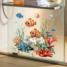 1pc, 39*40cm, 2D Flat Print Ocean Style Clownfish Coral Seaweed Shell Window Sticker Creative Self-Adhesive Removable PVC Glass Decal, Living Room Bedroom Dining Room Bathroom Door Window Glass Decoration Sticker - Multicolor - View 2