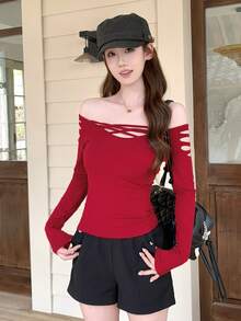 Korean Style Unique Hollow Out Pretty Red Top Women Spring Autumn New Off-Shoulder Long Sleeve T-Shirt - Red - View 2