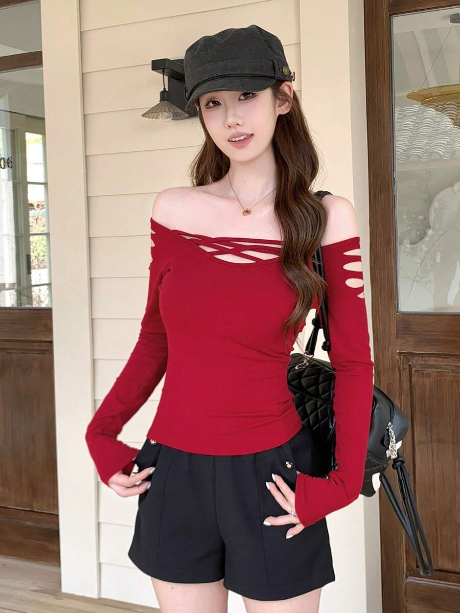 Korean Style Unique Hollow Out Pretty Red Top Women Spring Autumn New Off-Shoulder Long Sleeve T-Shirt